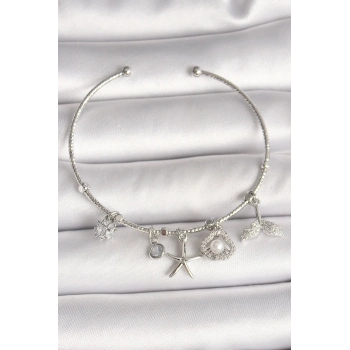 ÇOK SATAN BFS Pirinç Gümüş Renk Sallantı Zirkon Taşlı Deniz Yıldız Figür Balık Kuyruğu Detay Charm Kadın Bileklik