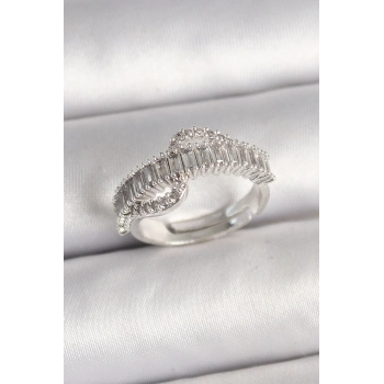 ÇOK SATAN BFS Pirinç Gümüş Renk Su Yolu Zirkon Taşlı Ayarlanabilir Model Kadın Yüzük