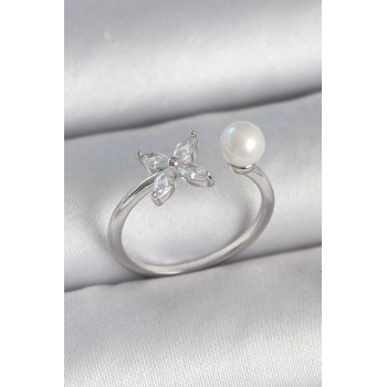 ÇOK SATAN BFS Pirinç Gümüş Renk Zirkon Taşlı Çiçek Model İnci Detay Ayarlanabilir Kadın Yüzük