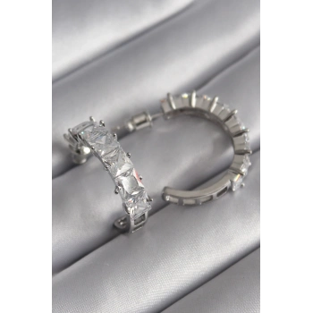 ÇOK SATAN BFS Pirinç Gümüş Renk Zirkon Taşlı Halka Model Kadın Küpe