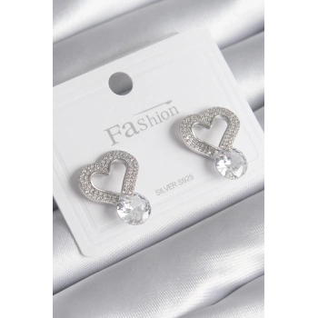 ÇOK SATAN BFS Pirinç Gümüş Renk Zirkon Taşlı Kalp Model Damla Zirkon Taş Detay Kadın Küpe