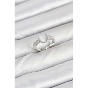 ÇOK SATAN BFS Pirinç Gümüş Renk Zirkon Taşlı Kalpli Kadın Yüzük