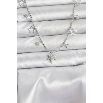 ÇOK SATAN BFS Pirinç Gümüş Renk Zirkon Taşlı Kutup Yıldızı Model Kadın Kolye