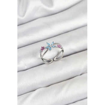 ÇOK SATAN BFS Pirinç Gümüş Renk Zirkon Taşlı Mavi Çiçekli Kadın Yüzük