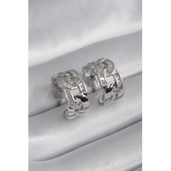 ÇOK SATAN BFS Pirinç Gümüş Renk Zirkon Taşlı Zincir Model Kadın Küpe