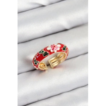 ÇOK SATAN BFS Pirinç Kırmızı Mineli Çiçek Motifli Gold Renk Ayarlanabilir Kadın Yüzük
