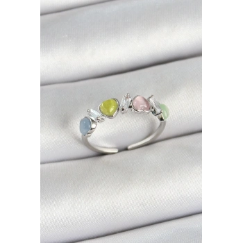 ÇOK SATAN BFS Pirinç Sıralı Kalp Figürlü Zirkon Taşlı Gümüş Renk Ayarlanabilir Kadın Yüzük