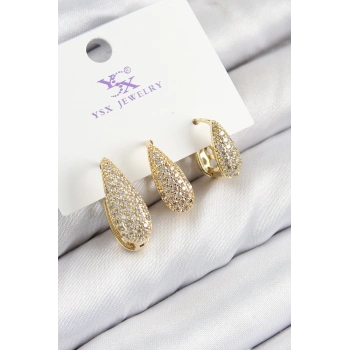 ÇOK SATAN BFS Pirinç Zirkon Taşlı 3lü Damla Model Gold Renk Kadın Küpe