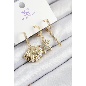 ÇOK SATAN BFS Pirinç Zirkon Taşlı 3lü İstiridye Ve Yıldız Model Gold Renk Kadın Küpe