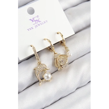 ÇOK SATAN BFS Pirinç Zirkon Taşlı 3lü Yunus Balığı Ve İstiridye Model Gold Renk Kadın Küpe