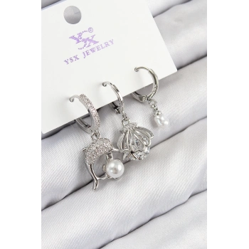 ÇOK SATAN BFS Pirinç Zirkon Taşlı 3lü Yunus Balığı Ve İstiridye Model Gümüş Renk Kadın Küpe