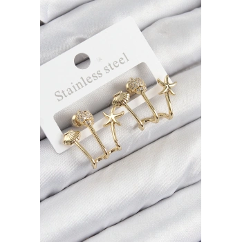 ÇOK SATAN BFS Pirinç Zirkon Taşlı Deniz Yıldızı ve İstiridye Model Gold Renk Kadın Küpe