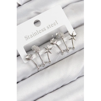 ÇOK SATAN BFS Pirinç Zirkon Taşlı Deniz Yıldızı ve İstiridye Model Gümüş Renk Kadın Küpe