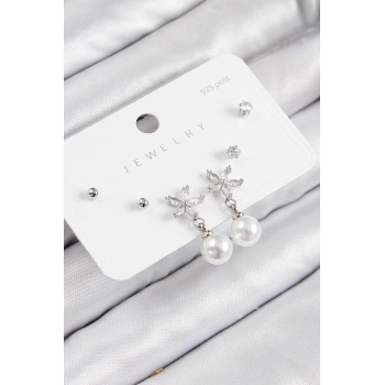 ÇOK SATAN BFS Pirinç Zirkon Taşlı İnci Sallantılı Çiçek Model Gümüş Renk 925 Ayar Gümüş Çivi Kadın Küpe Set