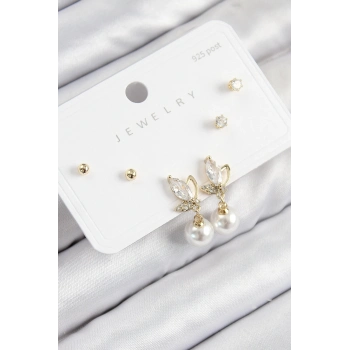 ÇOK SATAN BFS Pirinç Zirkon Taşlı İnci Sallantılı Damla Model Gold Renk 925 Ayar Gümüş Çivi Kadın Küpe Set