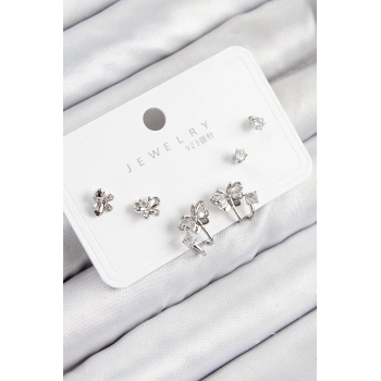 ÇOK SATAN BFS Pirinç Zirkon Taşlı Kelebek Model Gümüş Renk 925 Ayar Gümüş Çivi Kadın Küpe Set