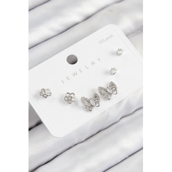 ÇOK SATAN BFS Pirinç Zirkon Taşlı Kelebek Model Gümüş Renk 925 Ayar Gümüş Çivi Kadın Küpe Set