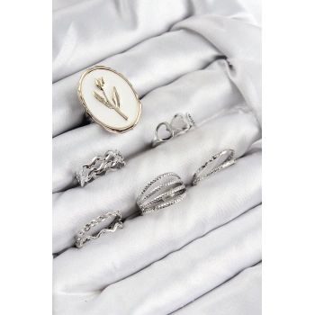 ÇOK SATAN BFS Pirinç Zirkon Taşlı Lale Model Gümüş Renk Kadın Yüzük Kombin Set