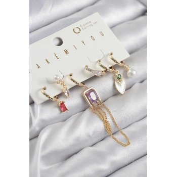 ÇOK SATAN BFS Pirinç Zirkon Taşlı Sallantılı Ve İncili Gold Renk 6lı Küpe Set