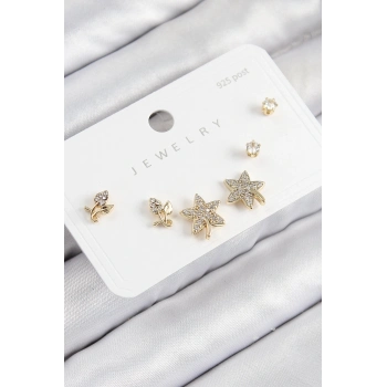 ÇOK SATAN BFS Pirinç Zirkon Taşlı Yıldız Ve Gül Model Gold Renk 925 Ayar Gümüş Çivi Kadın Küpe Set