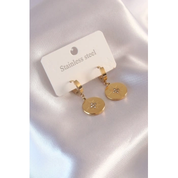 ÇOK SATAN Çelik Gold Renk Kutup Yıldızı İşleme Zirkon Taşlı Kadın Küpe