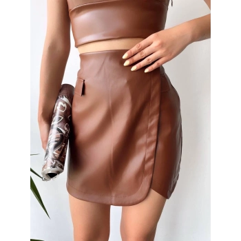 ÇOK SATAN Cep detaylı oval kapaklı deri etek kahve h240048