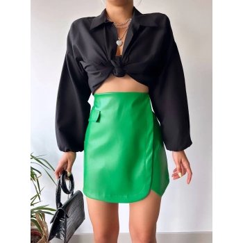 ÇOK SATAN Cep detaylı oval kapaklı deri etek yeşil h240048