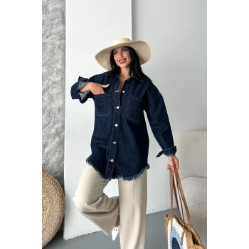 ÇOK SATAN Cepli püsküllü kar yıkama kot ceket koyu mavi d2515