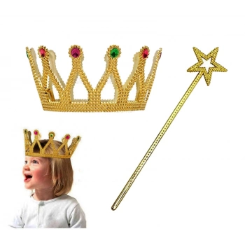 ÇOK SATAN Çocuk Boy Kraliçe Prenses Tacı ve Yıldız Peri Asası Altın Renk