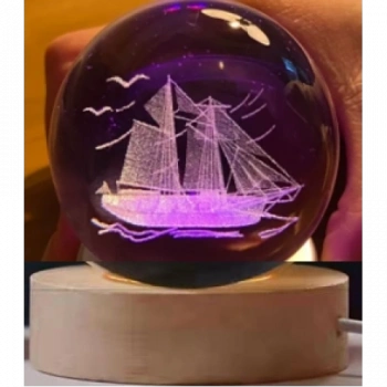 ÇOK SATAN Dekoratif Gemi Tasarımlı Ahşap Altlıklı Işıklı Cam Küre Cam:6cm Ahşap:2cm