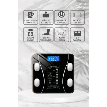 ÇOK SATAN Dijital Baskül Yağ Ölçer Fonksiyonlu Akıllı Baskül Bluetooth Tartı- Siyah