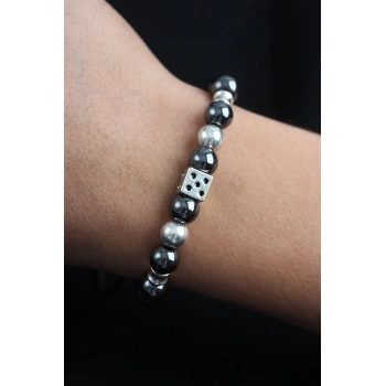 ÇOK SATAN Doğal Taş Zar Model Gümüş Ve Füme Renk Asansörlü Erkek Bileklik