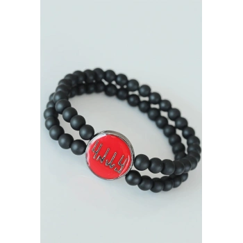 ÇOK SATAN Eski Türkçe Göktürkçe Yazı Figürlü Kırmızı Metal Aksesuarlı Çift Sıra Oniks Doğal Taş Erkek Bileklik