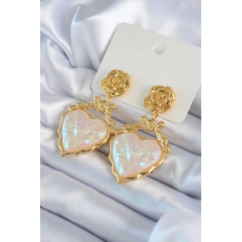 ÇOK SATAN Gold Renk Gül Sallantı Kalp Model Pirinç VİP Kadın Küpe