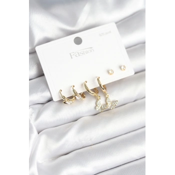 ÇOK SATAN Gold Renk Pirinç Kelebek Model 925 Ayar Gümüş Çivili Kadın Küpe Seti