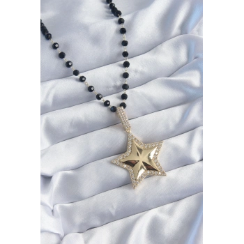 ÇOK SATAN Gold Renk Siyah Boncuk Zirkon Taşlı Yıldız Model VİP Seri Kadın Kolye