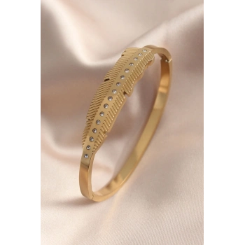 ÇOK SATAN Gold Renk Yaprak Model Zirkon Taş Detay Kelepçe Kadın Bileklik