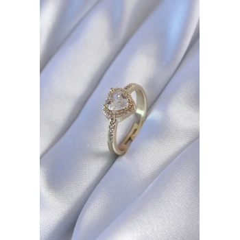 ÇOK SATAN Gold Renk Zirkon Taşlı Kalp Model Pirinç Charm Kadın Yüzük