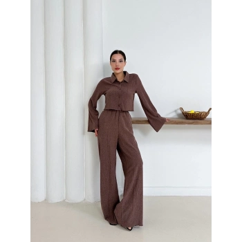 ÇOK SATAN Gömlek yaka kaplama düğmeli takım kahve st265866