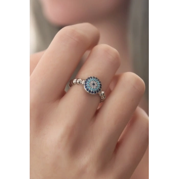 ÇOK SATAN Gümüş Renk Nazar Boncuk Figür Zirkon Taş Detay Kadın Yüzük