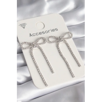 ÇOK SATAN Gümüş Renk Zirkon Taşlı Fiyonk Model Kadın Küpe