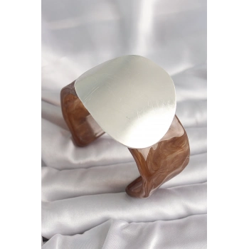 ÇOK SATAN Kahverengi Mermer Desen Akrilik Plastik Gümüş Plaka Model Vintage Kadın Bilezik