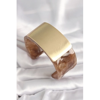 ÇOK SATAN Kahverengi Mermer Desen Akrilik Platik Gold Dikdörtgen Plaka Model Vintage Kadın Bilezik