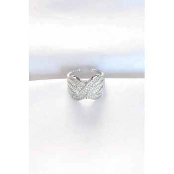 ÇOK SATAN Kalın Zirkon Taşlı Silver Renk Ayarlanabilir X Tasarım Yüzük
