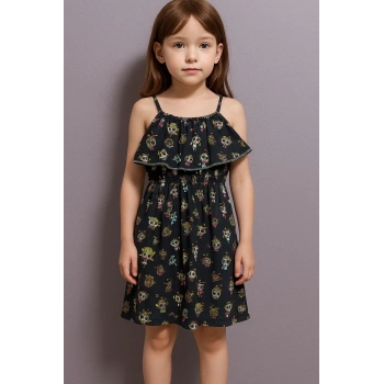 ÇOK SATAN Karikatür baskılı askılı kız çocuk elbisesi lacivert