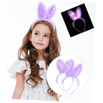 ÇOK SATAN Kenarları Dantelli Mor Pullu Payetli Led Işıklı Tavşan Kulak Taç 23x19 cm