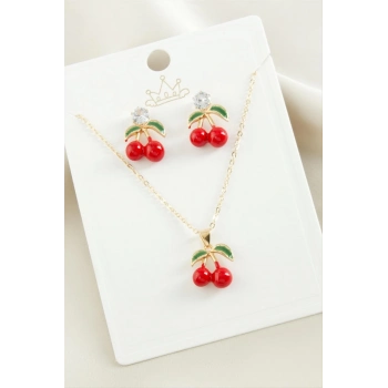 ÇOK SATAN Kiraz Zirkon Taşlı Mineli Set Kolye