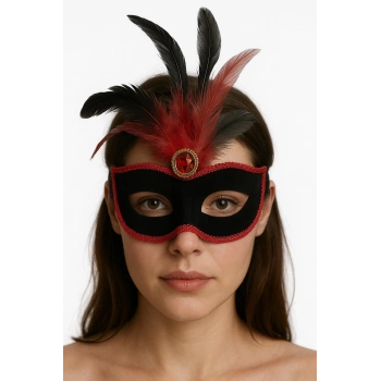 ÇOK SATAN Kırmızı Dantelli Siyah Kırmızı Tüylü Siyah Süet Kaplama Parti Maskesi 17x25 cm