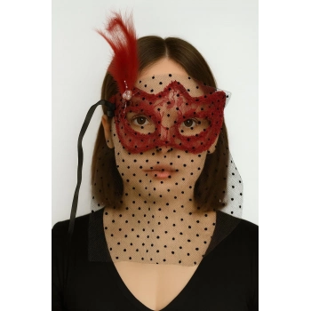 ÇOK SATAN Kırmızı Renk Dantelli Duvaklı İncili Parti Maskesi Balo