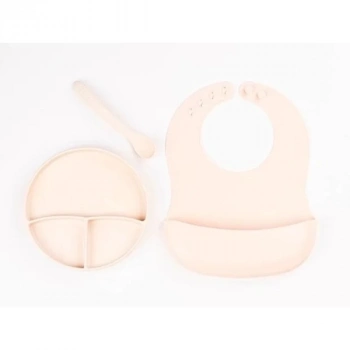 ÇOK SATAN Krem Rengi 3’lü Silikon Yemek Seti – Önlük + Diş Kaşıyıcılı Kaşık + Vakumlu Tabak